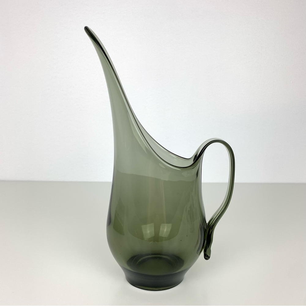 MCM Viking Glass Swung Pitcher Vtg Grey Smoky Handblown Handle Decor Vase